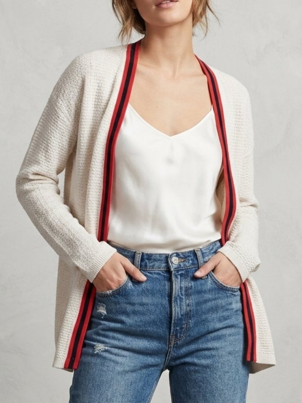 89th & Madison White Open Front Contrast Varsity Trim Knit Cardigan Sweater Sz S